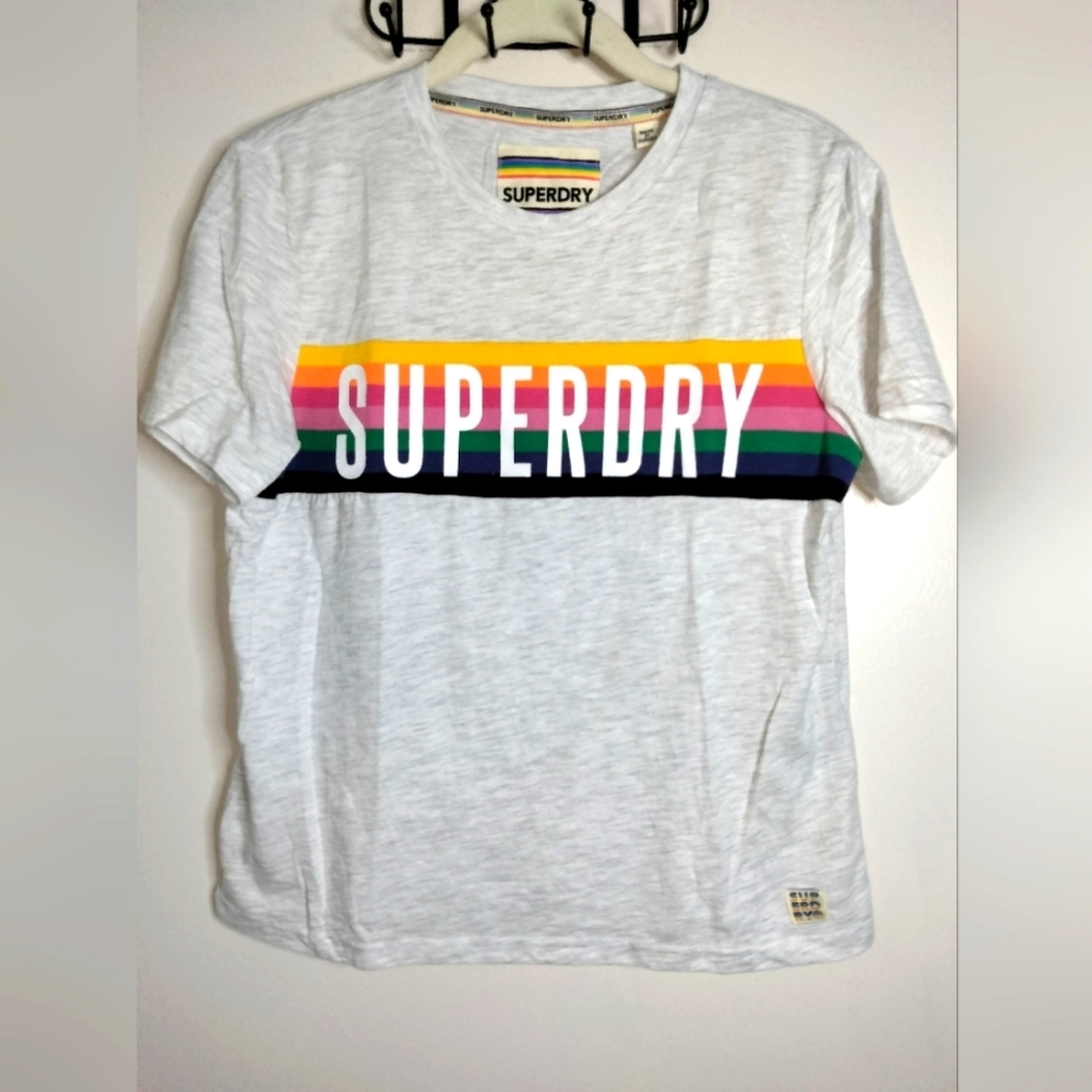 Superdry (Size 8) Multicolored Rainbow Graphic Print SS Stripe Crop T-shirt